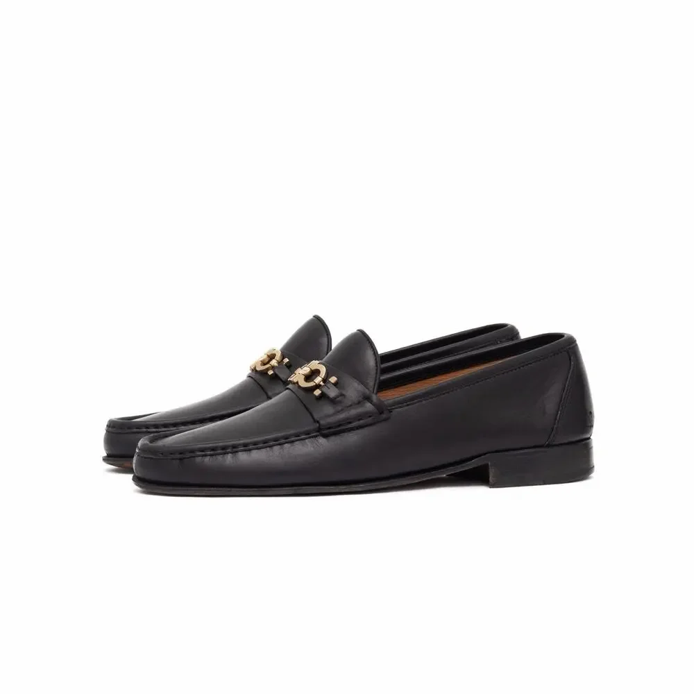 950$ SALVATORE FERRAGAMO Black Leather Gold Gancini Bit Loafers US 10.5 D